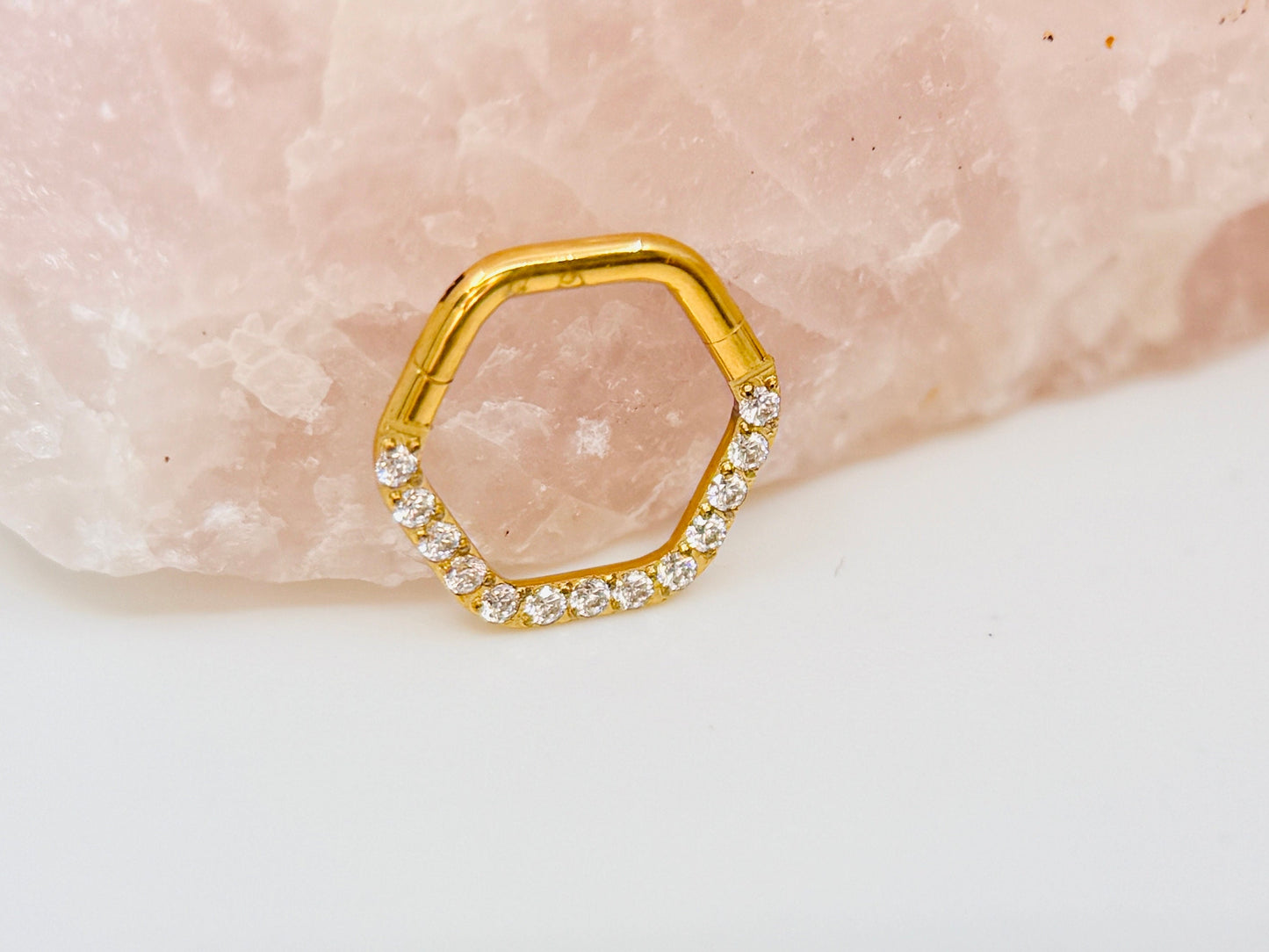 16g Gold Hexagon Septum Ring with CZ Crystals, Elegant Gold Nose Ring, Dainty Hinged Septum Clicker, Hypoallergenic Nose Piercing Jewelry