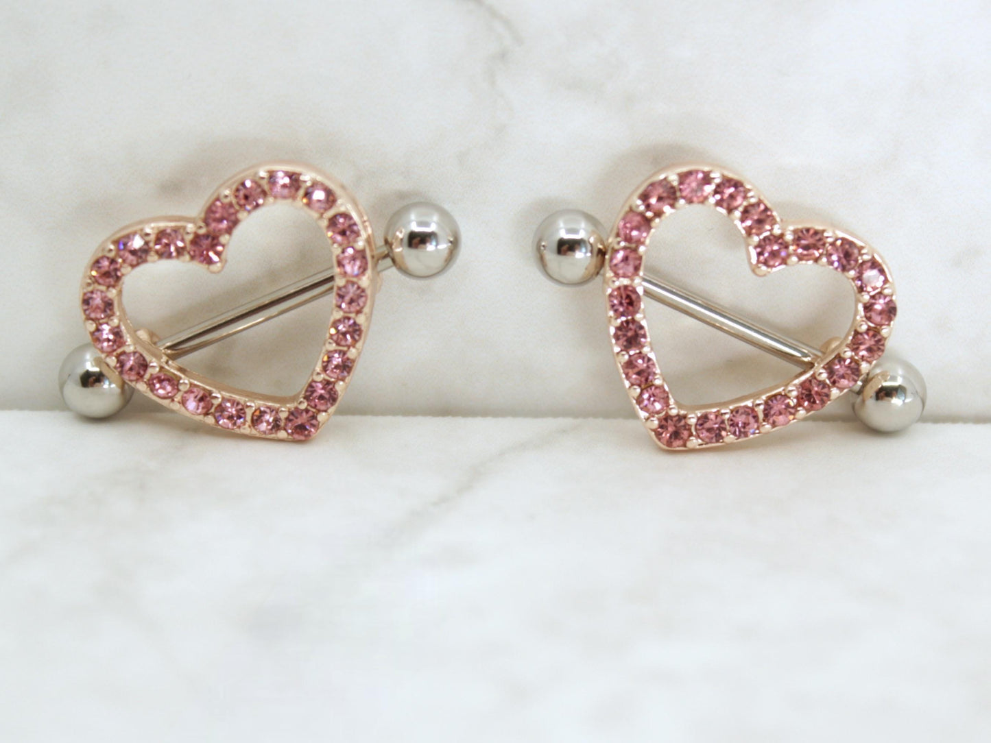 14g Pink Heart Nipple Barbell, Sparkling Gems RoseGold  Heart Nipple Shield Piercing Jewelry,  Set of 2 Nipple Ring Body Piercing Jewelry.