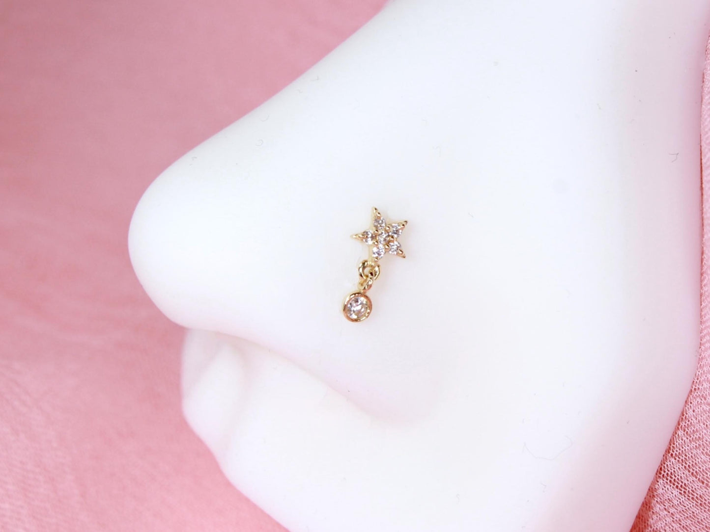 14K Gold Star Nose Stud, 20g Dainty Dangling Star L Shape Corkscrew Nose Stud, Gold Nose Jewelry, L Bend Screw Nose Piercing Ring Jewelry