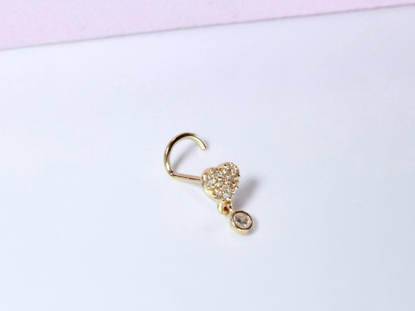14K Gold Heart Nose Stud, 20g Dainty Dangling Heart L Shape Corkscrew Nose Stud, Gold Nose Jewelry, L Bend Screw Nose Piercing Ring Jewelry