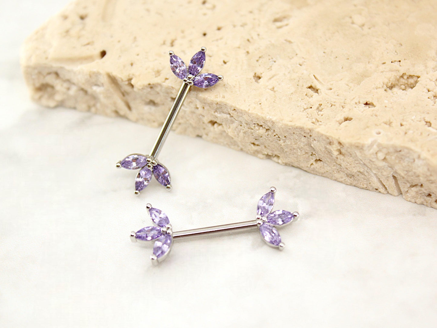 14G Purple Lotus Leaf Nipple Barbell,  Floral Petals Marquise Gem Silver Nipple Piercing Ring, Body Piercing Jewelry.