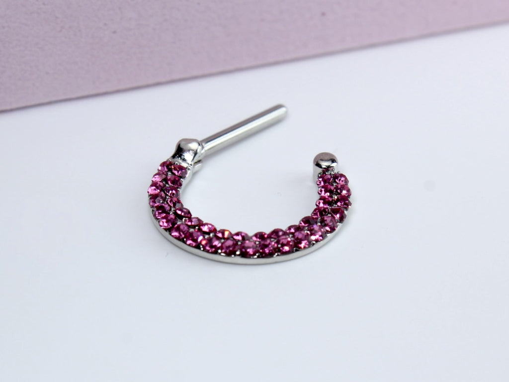 16G Septum Clicker Ring, Pink Double Line Crystal Gem Decor Hinged Septum Nose Piercing Jewelry, Dainty Nose Septum Hoop Ring,