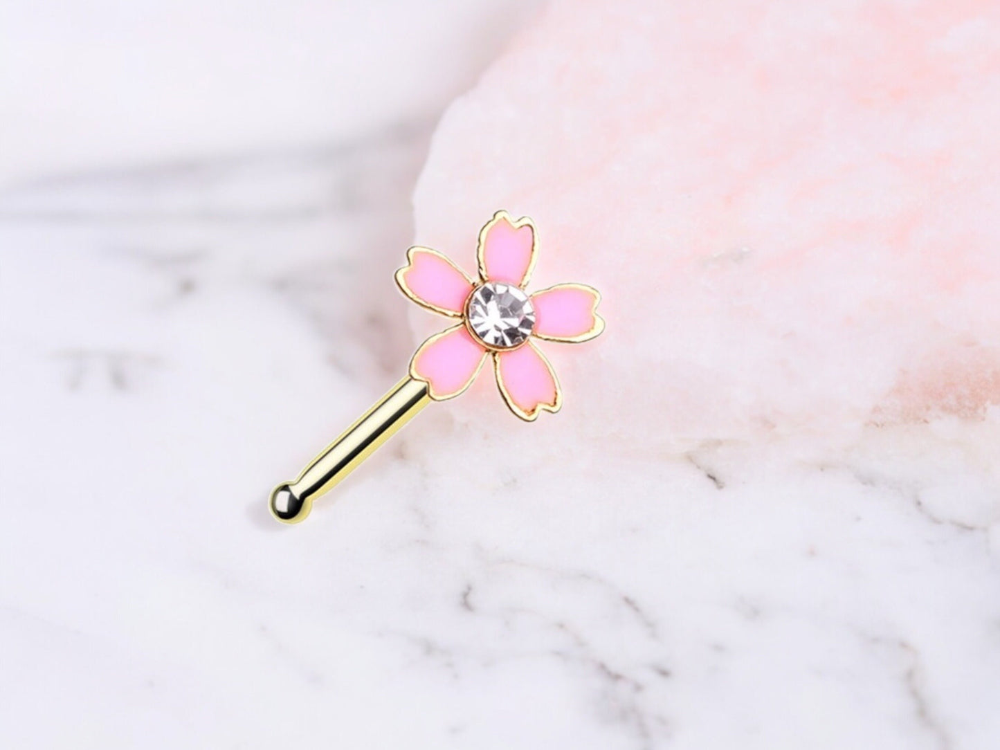 Flower Nose Stud, Pink Floral Decor Top Nose Piercing Stud Ring. Nose Bone Stud, 20g Thin Nose Ring