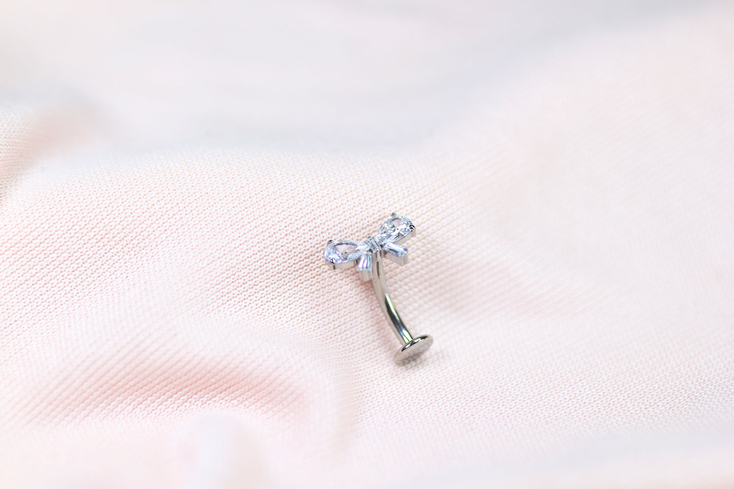 14G Titanium Threadless Belly Button Ring –Silver Bow CZ Navel Piercing, Push In Belly Ring, Dainty Minimalist Body Jewelry