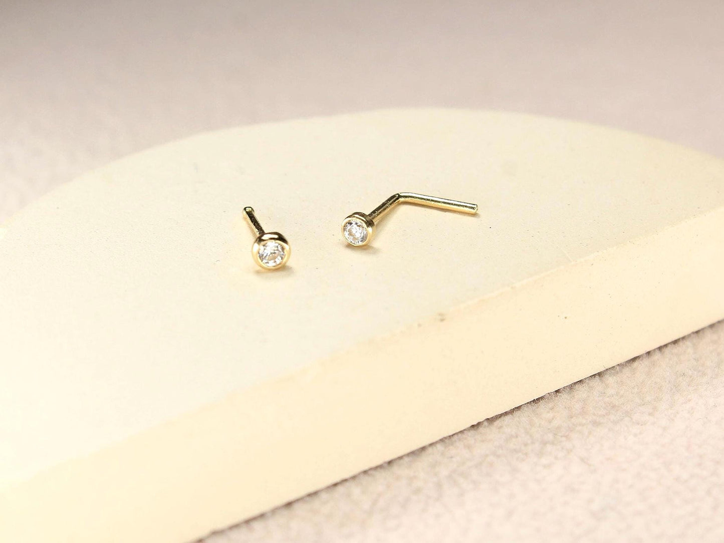 14k Gold Gem Nose Stud, Dainty Bezel Solid Gold L Shaped Nose Stud Piercing, Minimalist Gold Nose Pin Body Jewelry