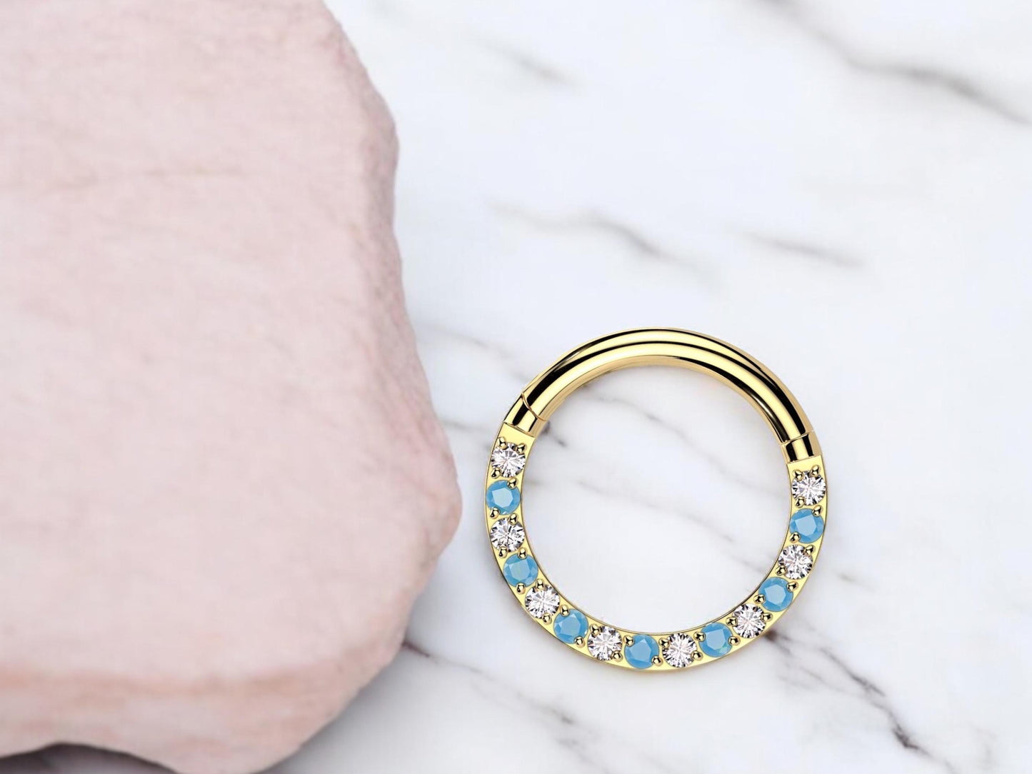 Implant Grade Titanium Gold Blue Gem Septum Clicker, Front Gem Nose Piercing Septum Hoop ring , Turquoise Gem Gold Nose Hoop Ring Jewelry