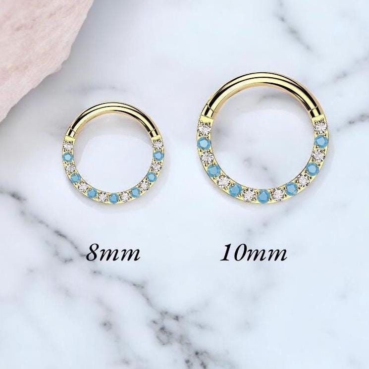 Implant Grade Titanium Gold Blue Gem Septum Clicker, Front Gem Nose Piercing Septum Hoop ring , Turquoise Gem Gold Nose Hoop Ring Jewelry