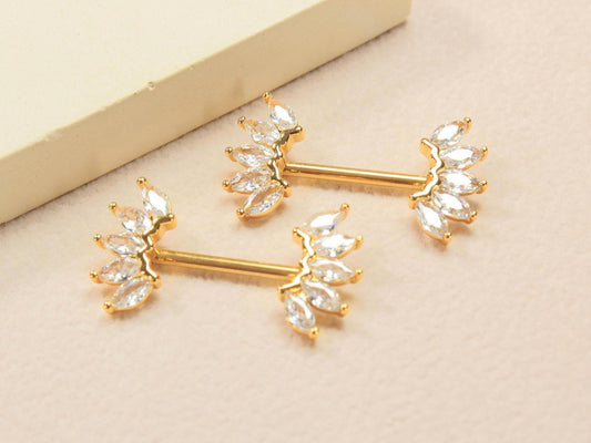 Gold Marquise Nipple Barbell, 14G Floral Petal Leaf Nipple Ring Jewelry, Pair of Leaf Nipple Piercing Jewelry, Gold Body Piercing Jewelry