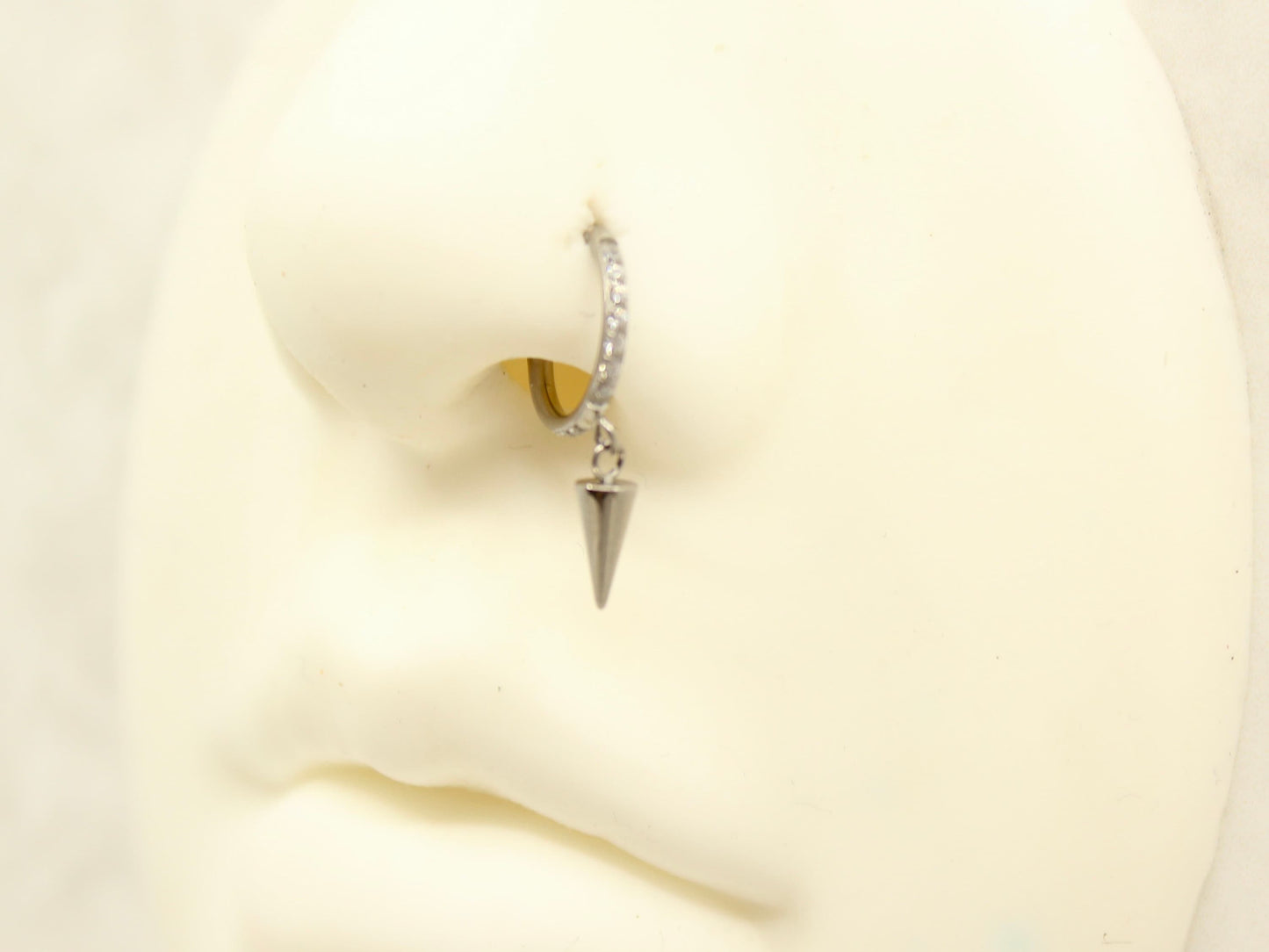 Silver Spike Dangle Hoop Ring, CZ Conch Hoop Clicker Ring, Conch Piercing Hoop Ring, Titanium Septum Daith Cartilage Piercing Earring