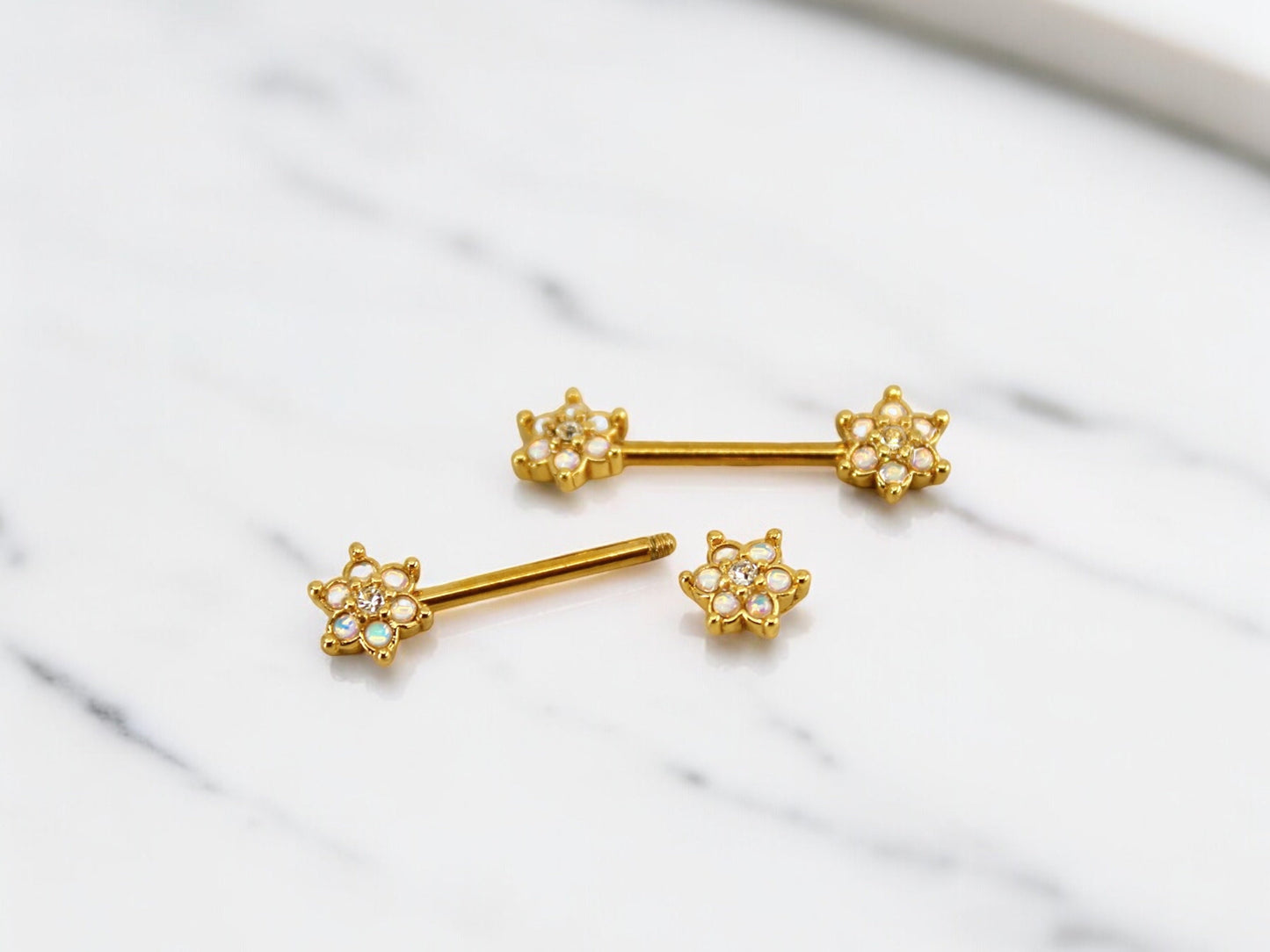 Moonstone Flower Nipple Ring, Floral Decor Moonstone Gem Nipple Piercing Barbell, 14g Gold Nipple Barbell Body Jewelry