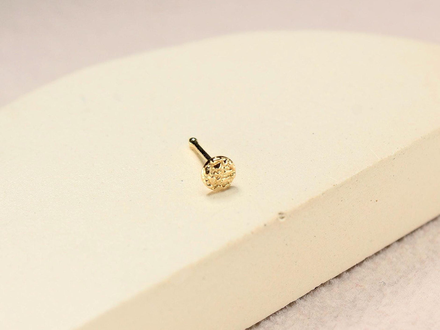 14k Gold Nugget Nose Stud, Dainty Solid Gold Nose Ring, Gold Heart Top Round Nugget Nose Bone Stud, Gold Nose Piercing Body Jewelry,