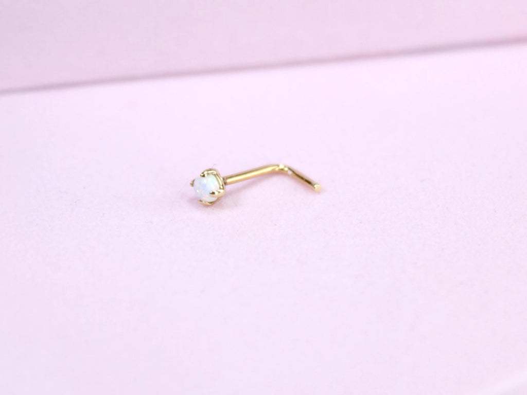 14K Gold Opal Nose Stud, White Opal L-Shaped Nose Ring, 20G Solid Gold Piercing Jewelry, Minimalist Dainty Nose Stud, Gold Body Jewelry