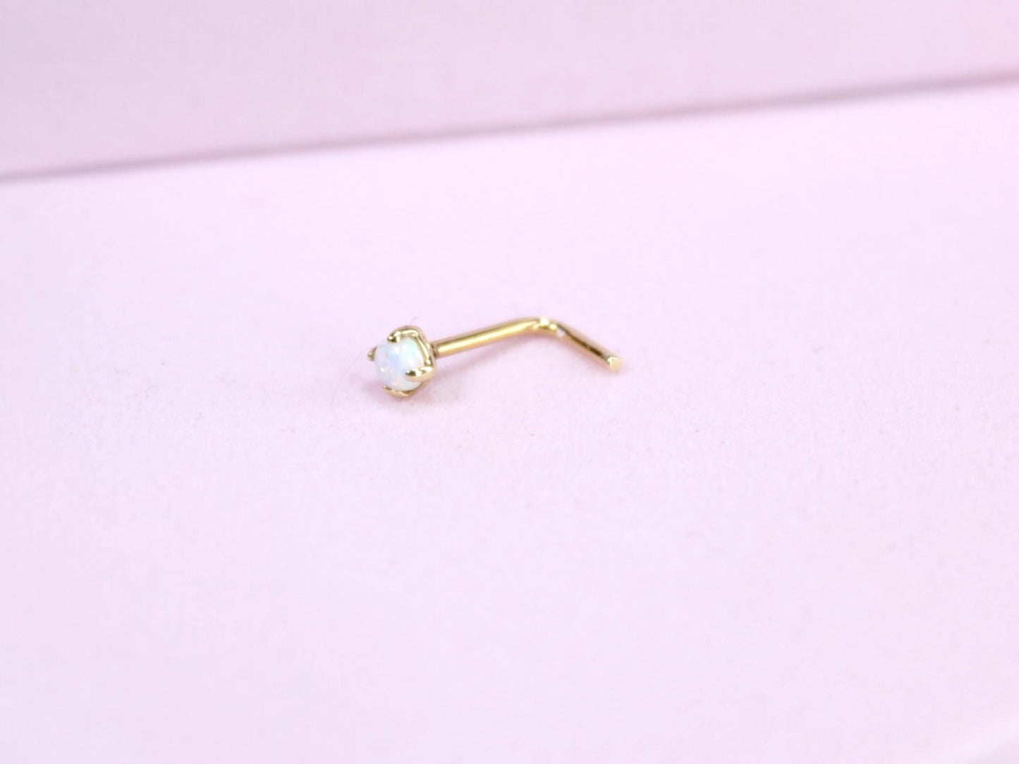 14K Gold Opal Nose Stud, White Opal L-Shaped Nose Ring, 20G Solid Gold Piercing Jewelry, Minimalist Dainty Nose Stud, Gold Body Jewelry