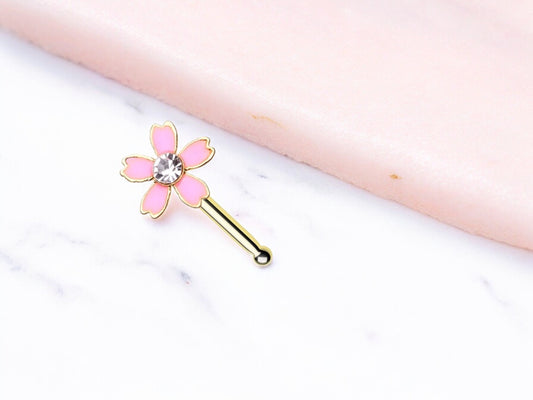 Flower Nose Stud, Pink Floral Decor Top Nose Piercing Stud Ring. Nose Bone Stud, 20g Thin Nose Ring