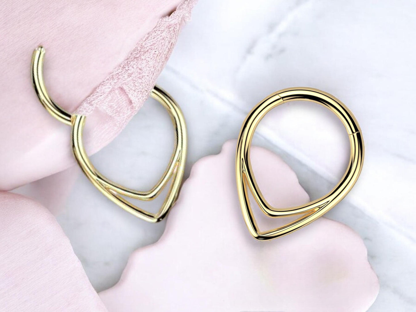 16g Gold Chevron Septum Ring, Titanium Double Line V Shape Septum Clicker Hoop Ring,Gold Hinged Segment Septum, Nose Piercing Body Jewelry