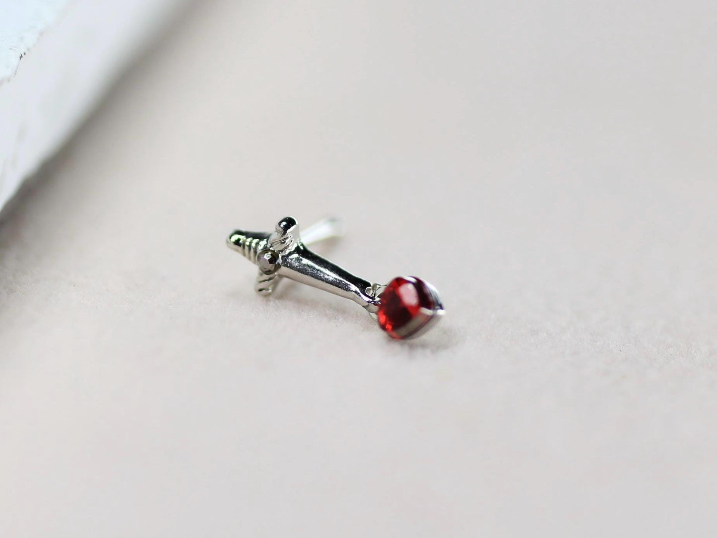 Dagger Nose Stud, 20g Dangling Heart Dagger Nose Bone Stud, Thin Nose Piercing, Ball End Nose Piercing, Surgical Steel Body Jewelry