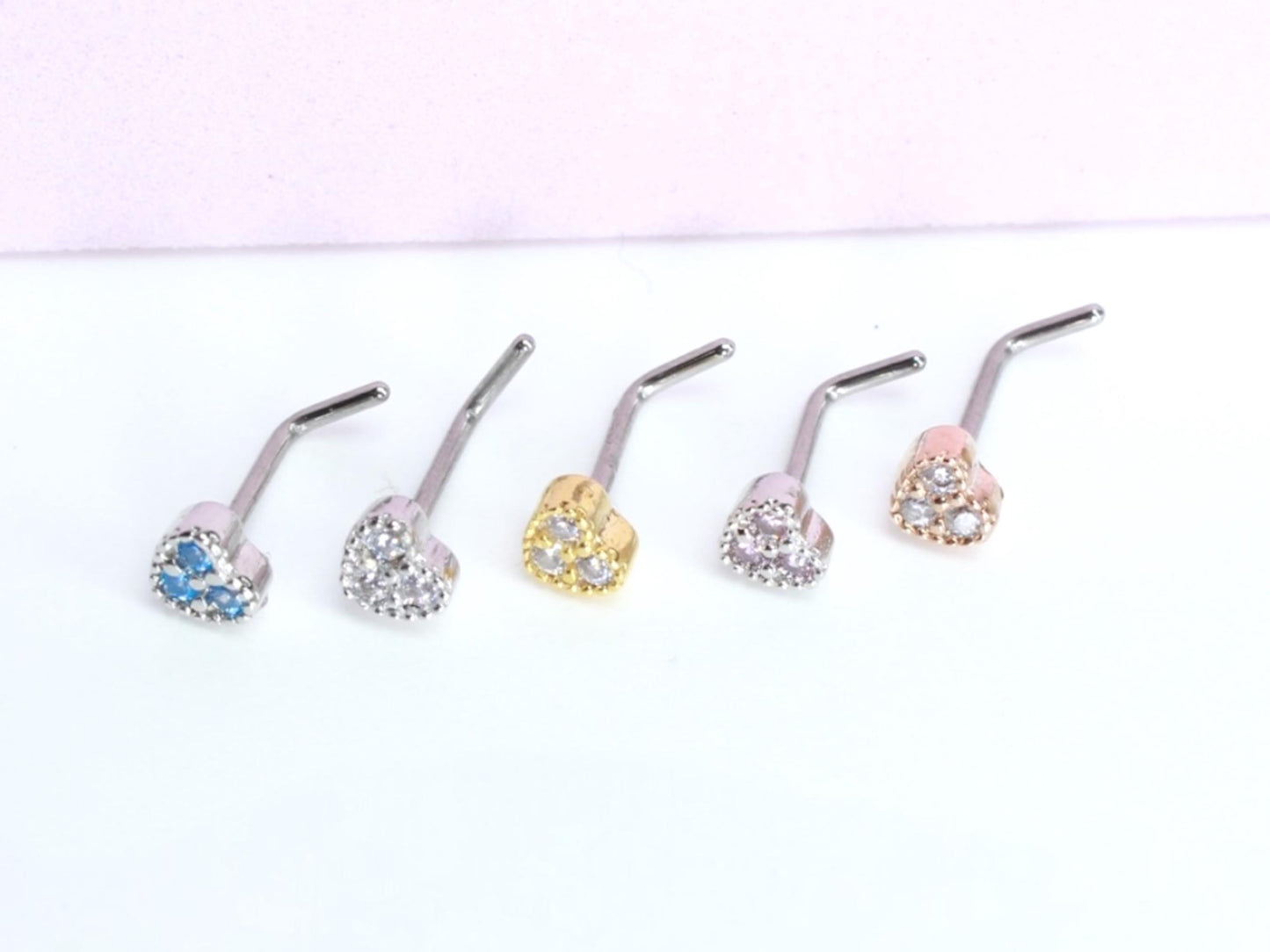 Dainty Gold Heart Nose Stud, 20G CZ Heart Top L Shape Nose Stud Jewelry, Cute Minimalistic Heart Charm Thin Nose Piercing Body Jewelry,