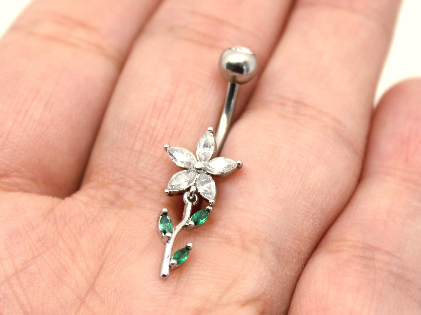 14G Gold Floral Leaf Belly Button Ring, Marquise Flower Petal Belly Ring Piercing , Gold Silver Dainty Navel Piercing, Belly Body Jewelry,