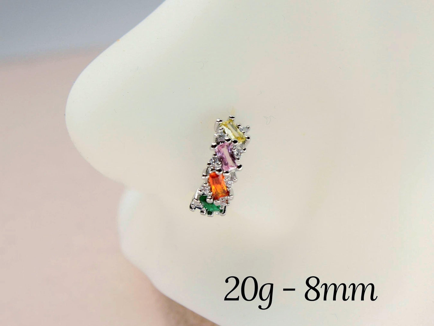 20g Nose Hoop Ring, Silver Baguette Gem Bendable Nose Ring, Multicolor Nose Piercing Jewelry, Body Jewelry