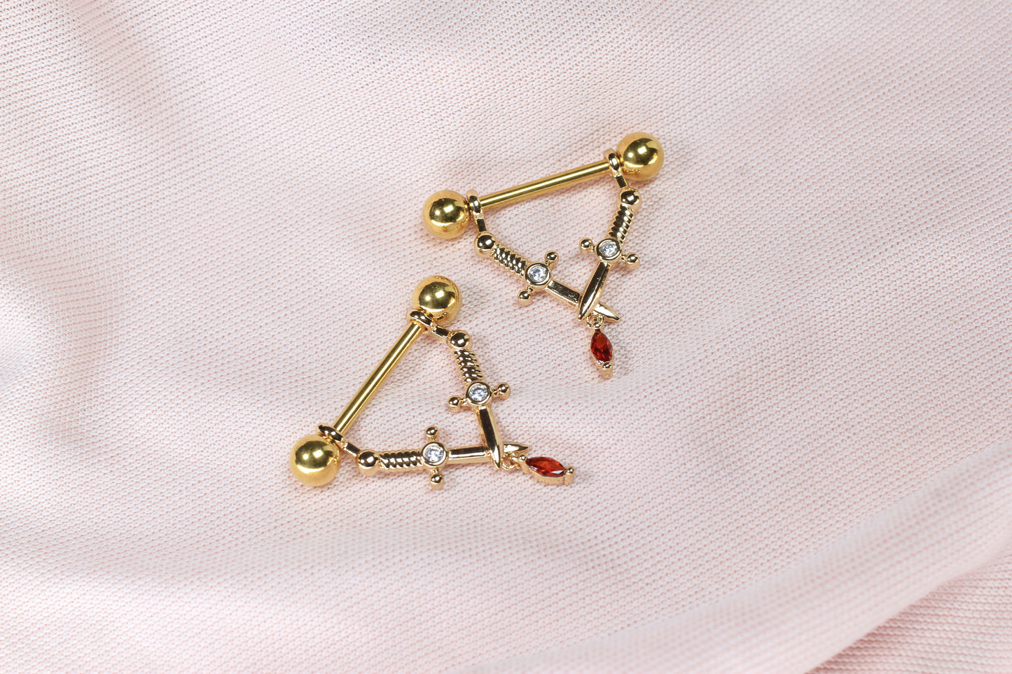 Gold Dagger Nipple Barbell, 14g Pair of Sword Nipple Piercing