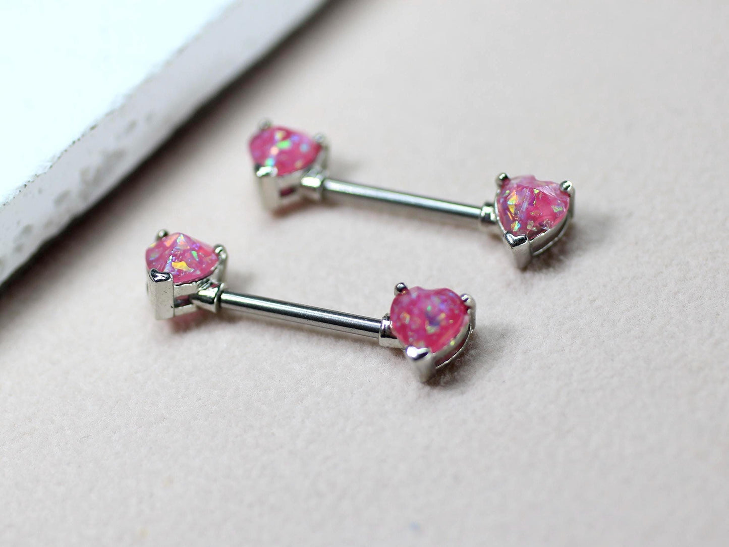 14g Opal Heart Nipple Ring, Pair of Internally Threaded Pink Glitter Nipple Piercing Jewelry, Surgical Steel Body Jewelry.