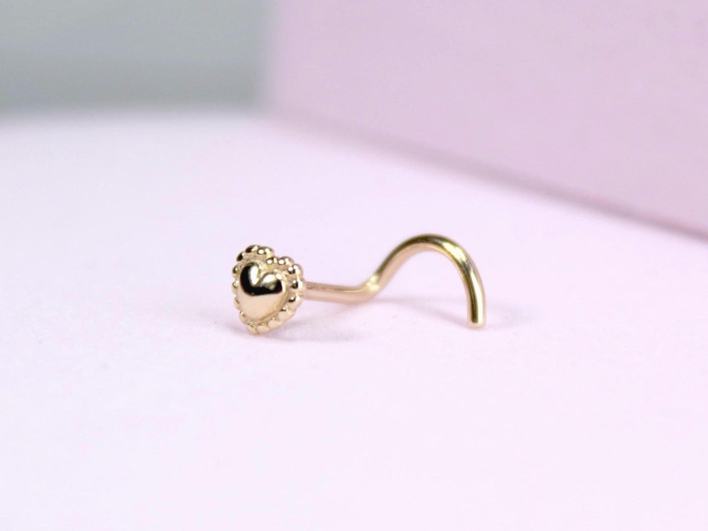 14K Solid Gold Heart Nose Stud, 20g Beaded Heart Corkscrew Piercing, Dainty Gold S Bar Nose Jewelry, Minimalist Nose Piercing Ring Jewelry