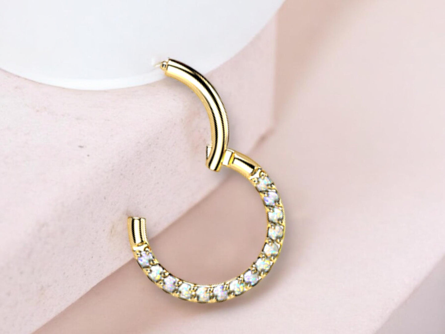 Titanium Septum Clicker Ring, 16g Dainty Gold Septum Hoop Ring, Opal Gem Hinged Segment Septum Piercing Jewelry, Nose Piercing Jewelry