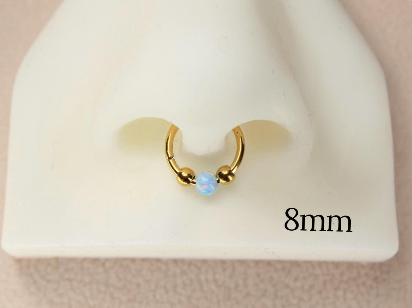 Opal Septum Ring, 18G Gold Septum Clicker Ring Piercing, Nose Piercing, Surgical Steel Body Jewelry