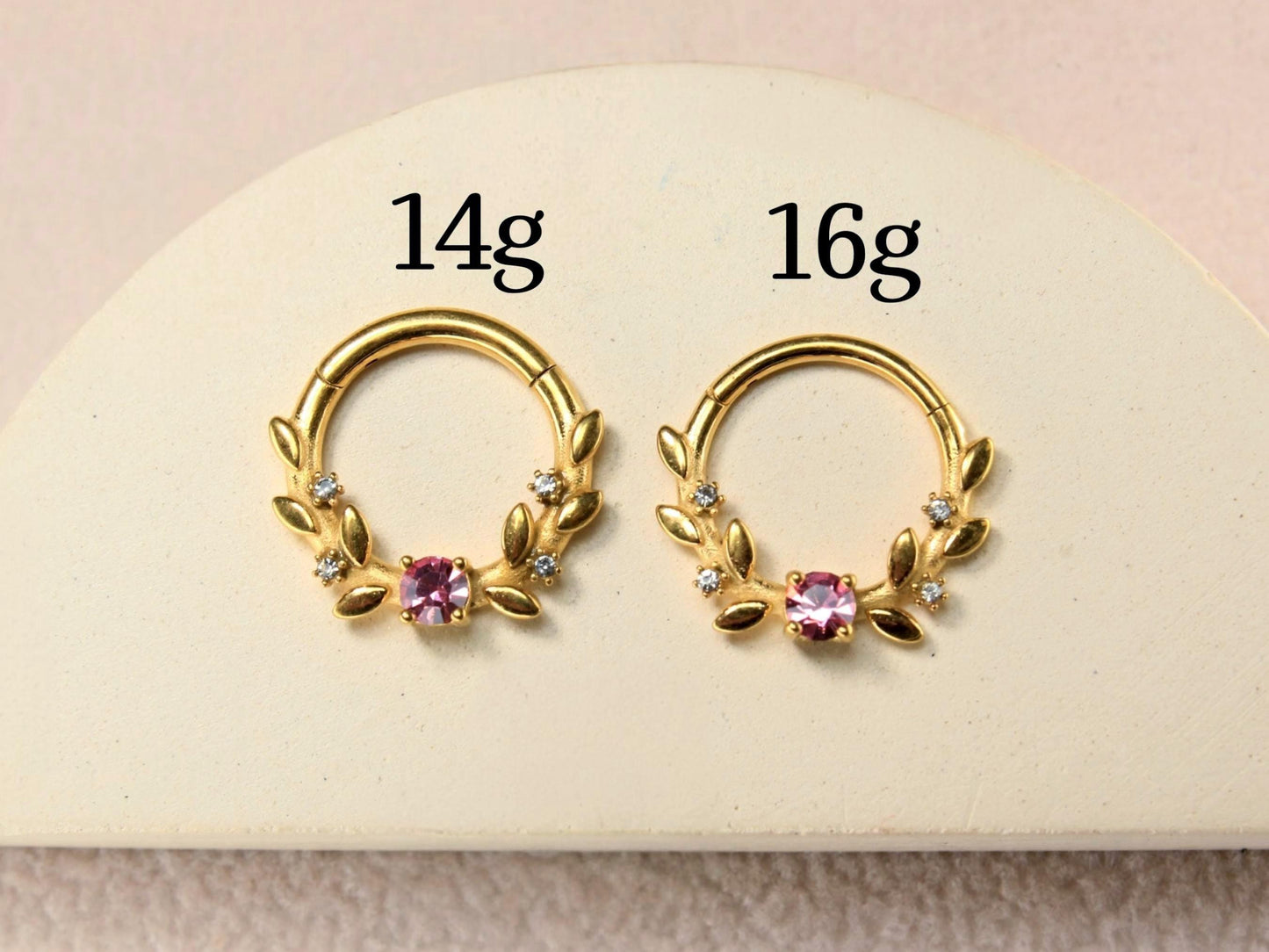Gold Prong Set Septum Clicker Ring, 14g  Pink Gem Septum Ring Piercing, 16g Gold Clear Gem Nose Septum Jewelry, Body Piercing Jewelry