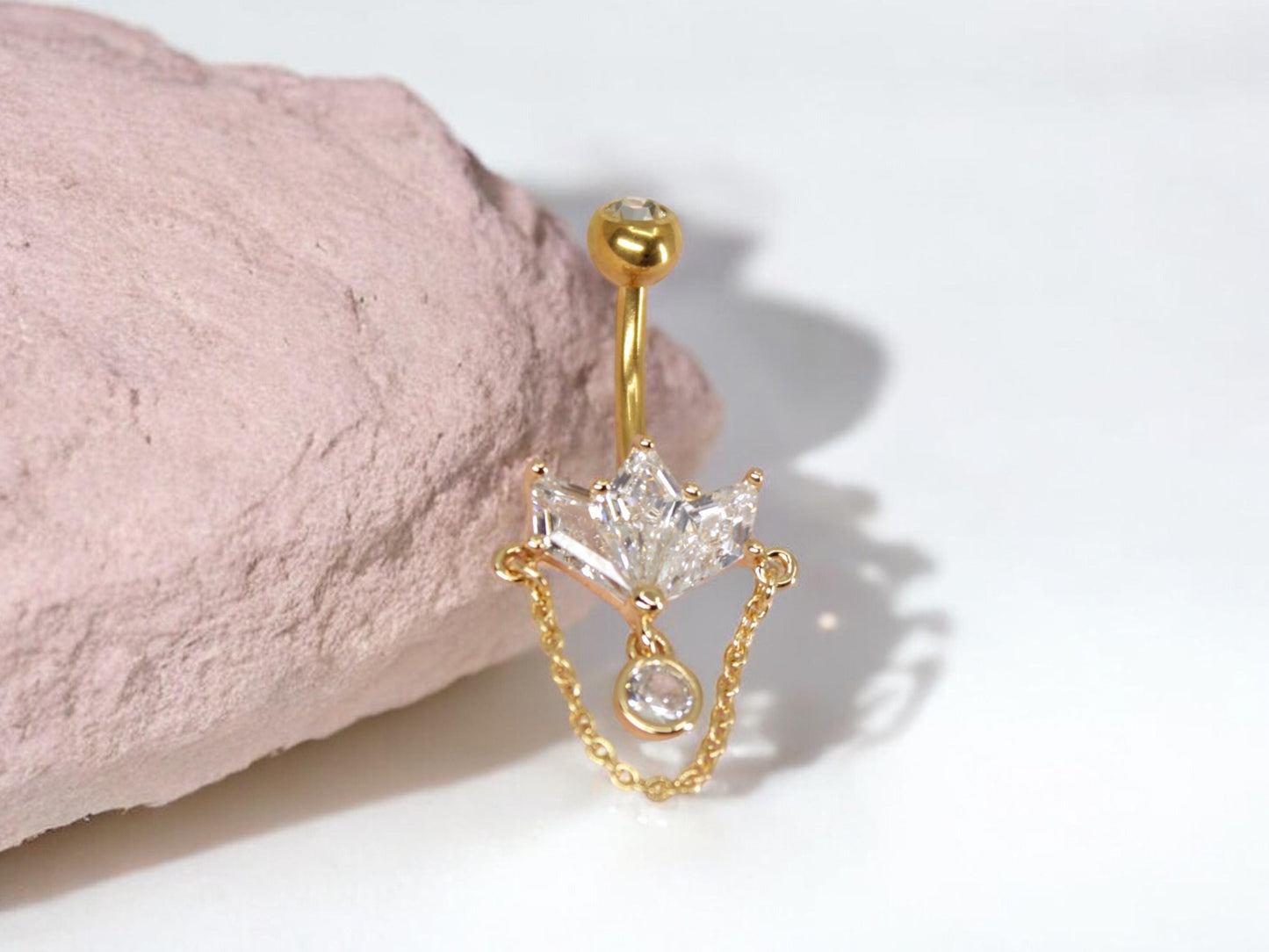 14g Gold Belly Button Ring, Marquise Gem Petal Decor Chain Charm Belly Button Piercing Jewelry, Gold Dangling Navel Bar Body Jewelry