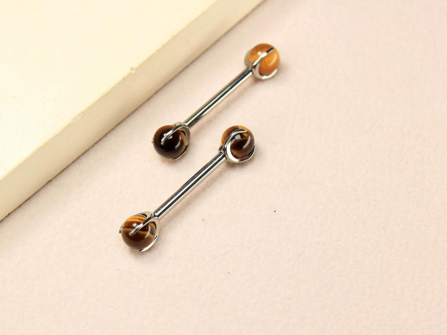 Tiger Eye Titanium Nipple Barbell, 14G Internally Threaded Nipple Piercing Ring, Custom Body Jewelry