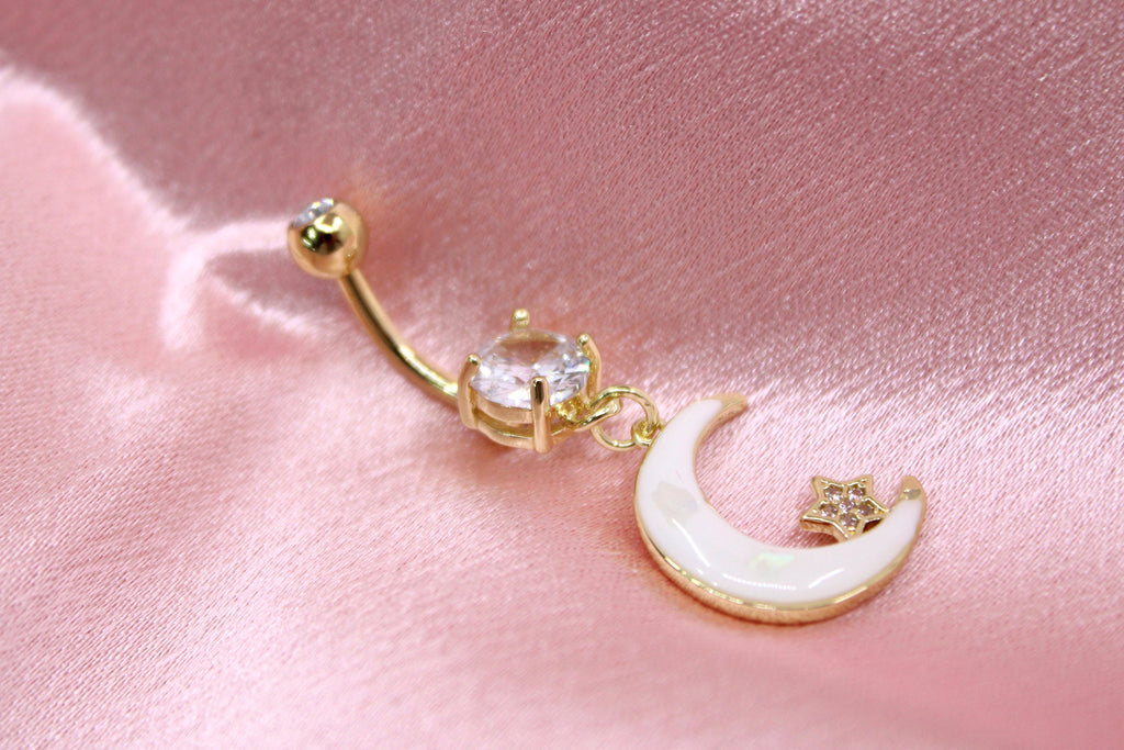 Moon Belly Ring, White Moon & Star Dangling Belly Button Ring Piericng Jewelry, Clestial Themed Jewelry, 14g  Navel Piercing