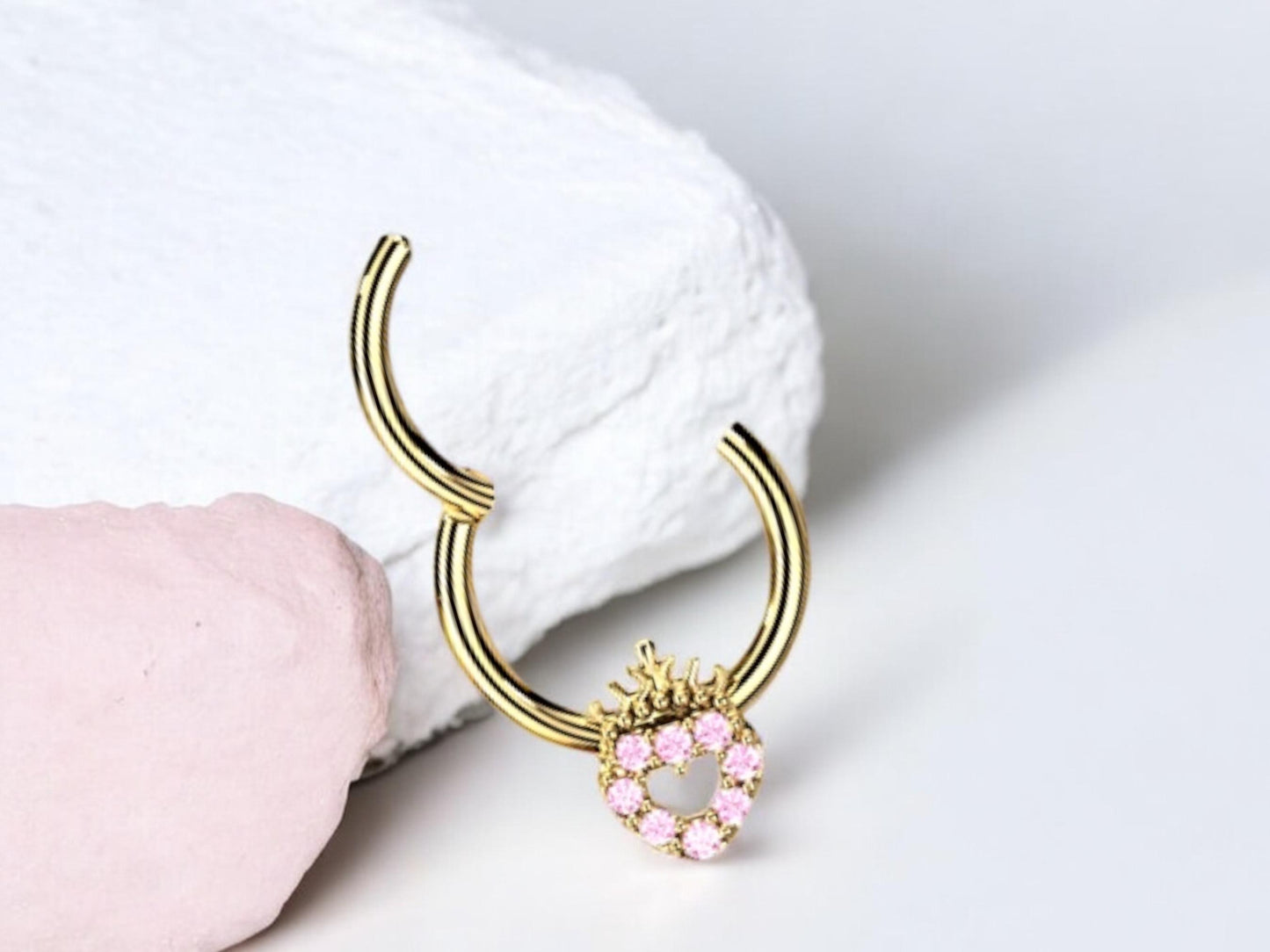 16g Gold Heart Septum Clicker Ring Hoop. Dainty Pink Sparkling Gems Crown Heart Front Facing Septum Piercing Ring Jewelry, Nose Jewelry