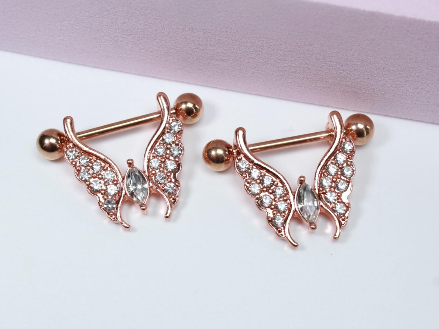 Rose Gold Nipple Ring, 14G Dangling Butterfly Decor Nipple Piercing, Body Piercing Jewelry