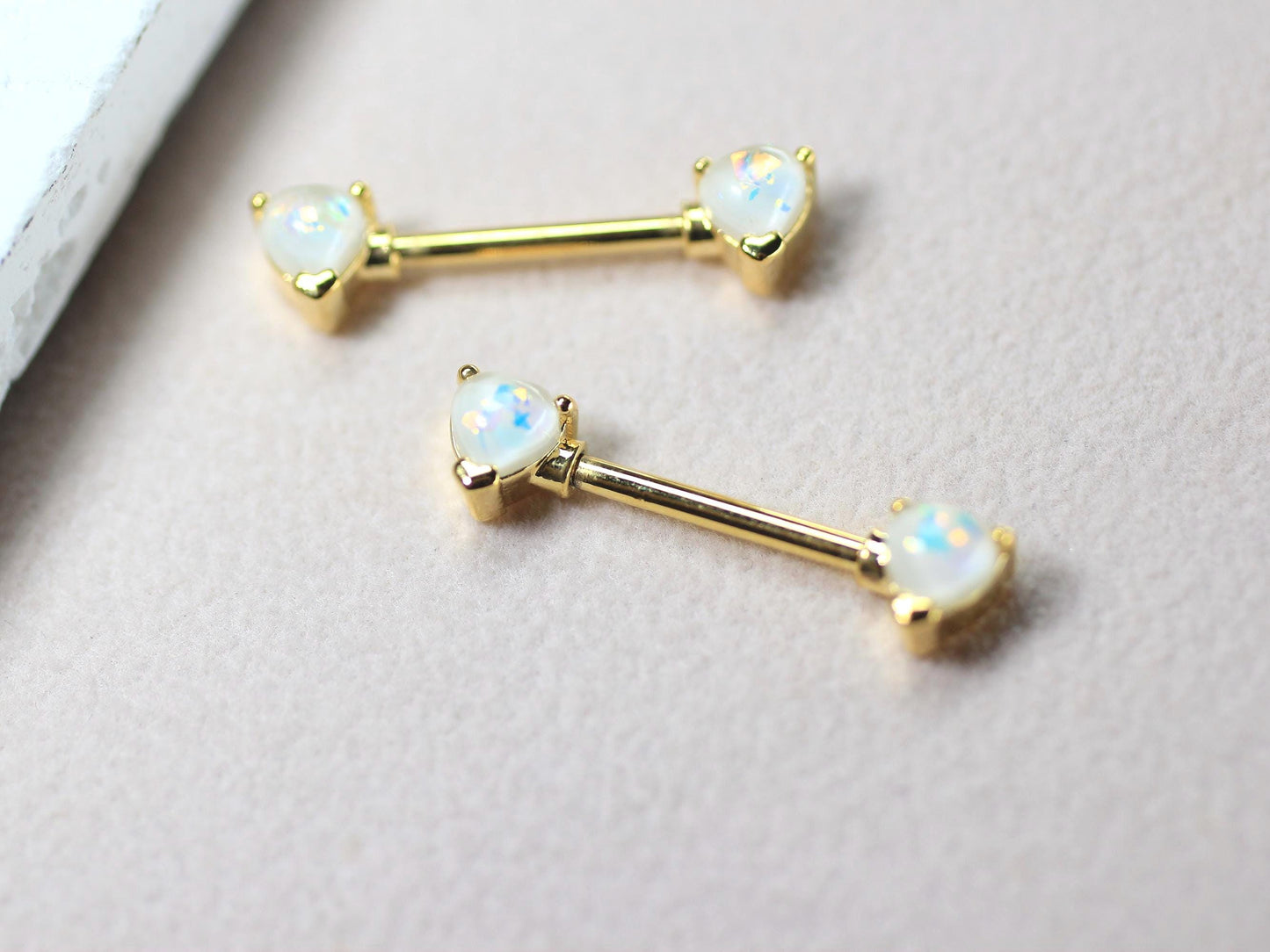 White Opal Heart Nipple Ring, Pair of Gold White Glitter Nipple Piercing Jewelry, 14g Gold Body Piercing Jewelry, Surgical Steel Jewelry
