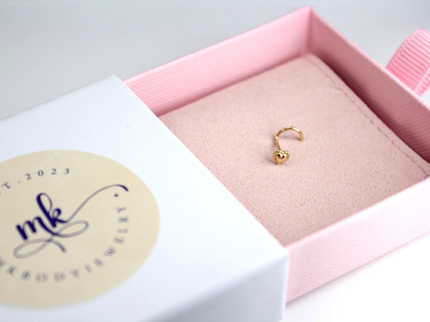 14K Solid Gold Heart Nose Stud, 20g Beaded Heart Corkscrew Piercing, Dainty Gold S Bar Nose Jewelry, Minimalist Nose Piercing Ring Jewelry