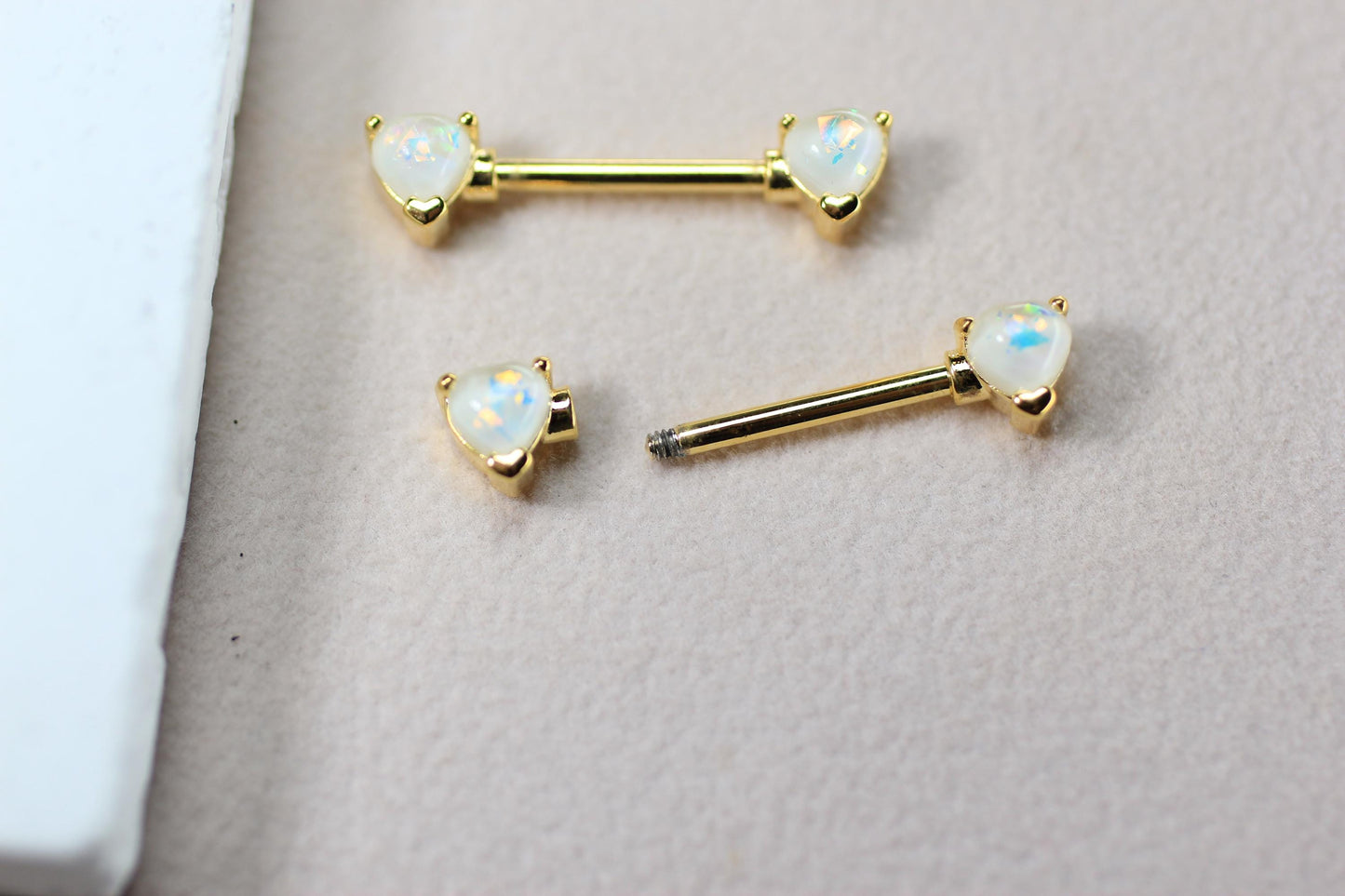White Opal Heart Nipple Ring, Pair of Gold White Glitter Nipple Piercing Jewelry, 14g Gold Body Piercing Jewelry, Surgical Steel Jewelry