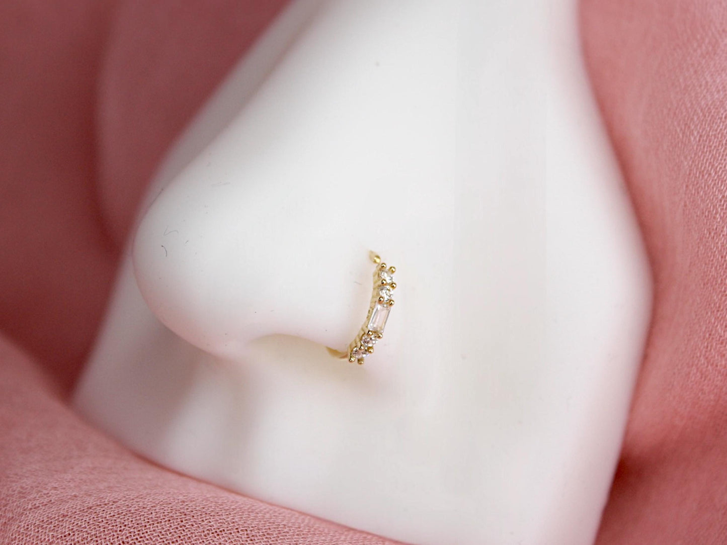 14K Gold Baguette Nose Ring, 20g Dainty Crystal Gold Nose Hoop Ring Jewelry, Minimalist Bendable Nose Piercing Jewelry, Gold Jewelry
