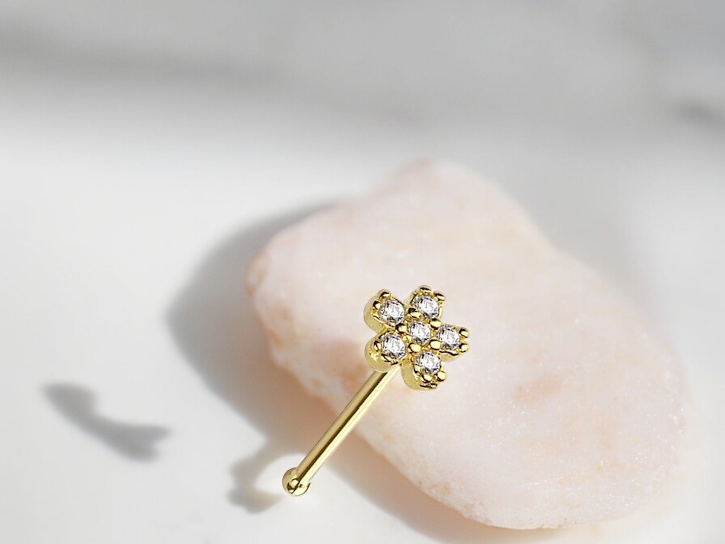 14K Gold Flower Nose Stud, Flower Top Sparkle Gem Nose Stud,20g Thin Nose Stud Ball End Nose Bone Stud Elegant Flower Nose Piercing Jewelry