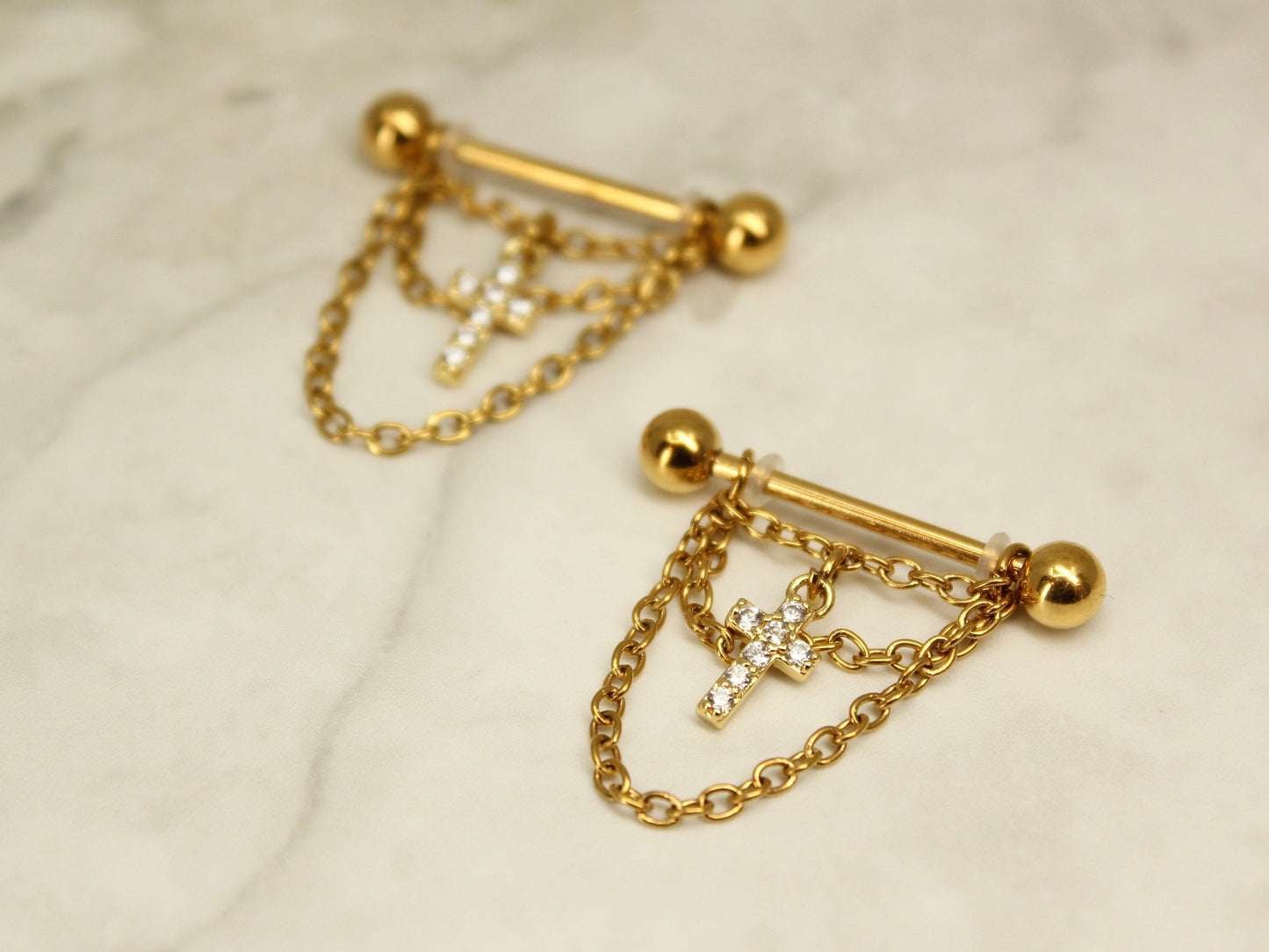 NEW • Gold Dangle Chain Nipple Ring, Cz Cross Dangle Chain Decor Nipple Piercing Barbell, 14g Gold Nipple Ring Body Jewelry