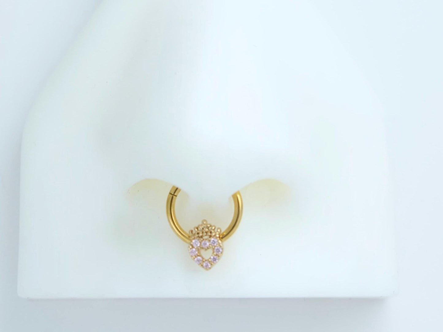 16G Gold Septum Clicker Ring Hoop, Dainty Pink Heart Septum Piercing Jewelry, Septum Nose Piercing Body Jewelry. Gold Nose Jewelry