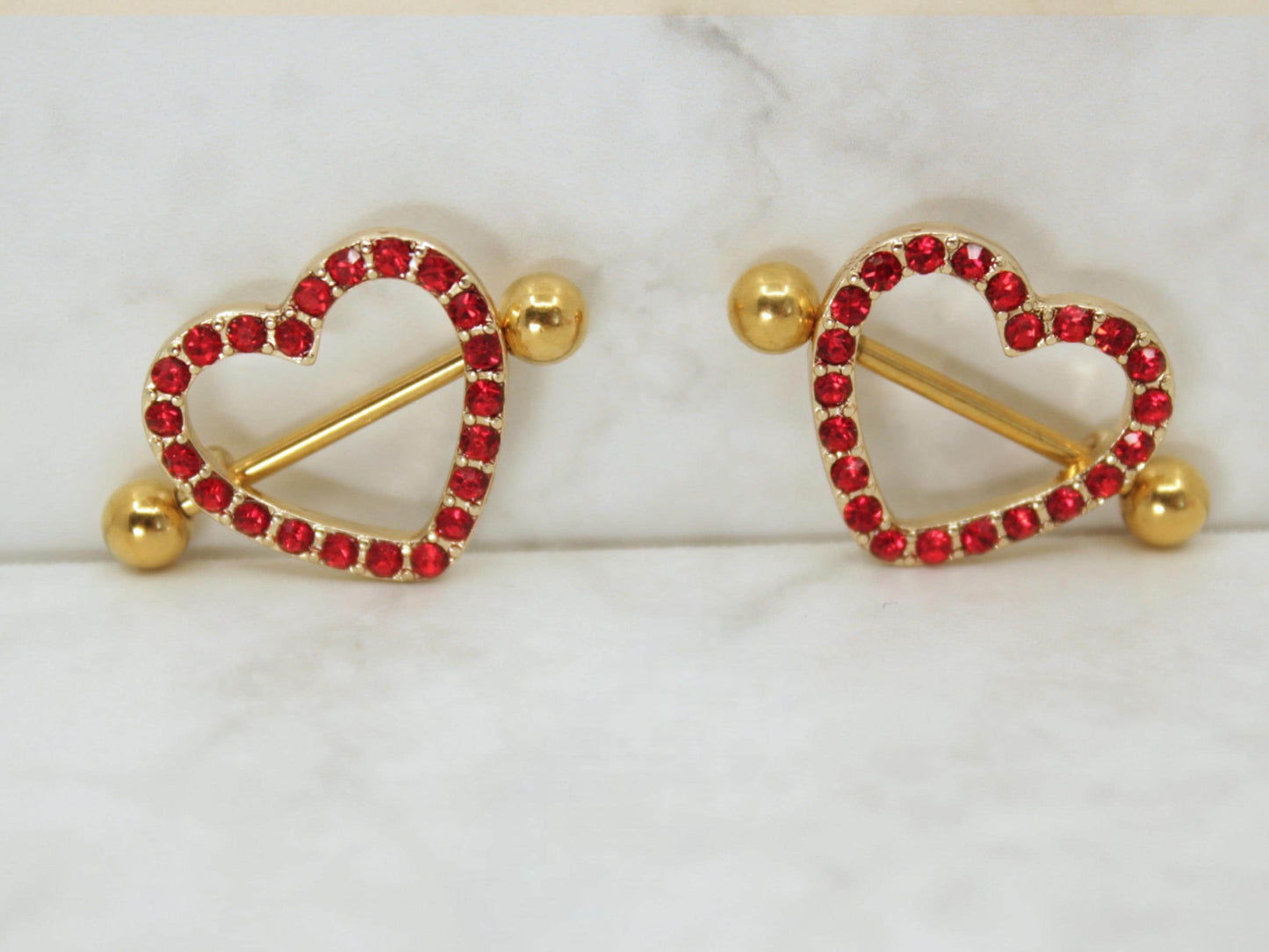 14g Red Heart Nipple Barbell, Gold Red Heart Sparkling Gems Nipple Shield Piercing Jewelry, Nipple Ring Body Piercing Jewelry,Valentine Gift