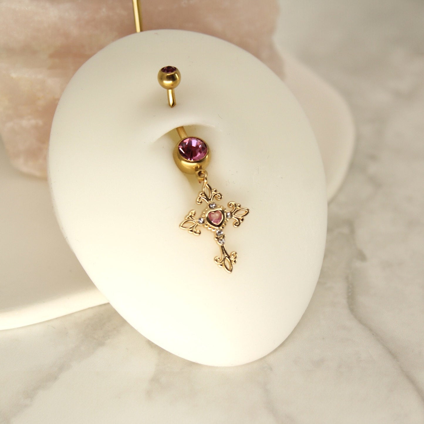 Cross Dangle Belly Ring, Hot Pink Gem Gold Dangling Cross Belly Button Ring Piercing Jewelry, Navel Ring Body Jewelry