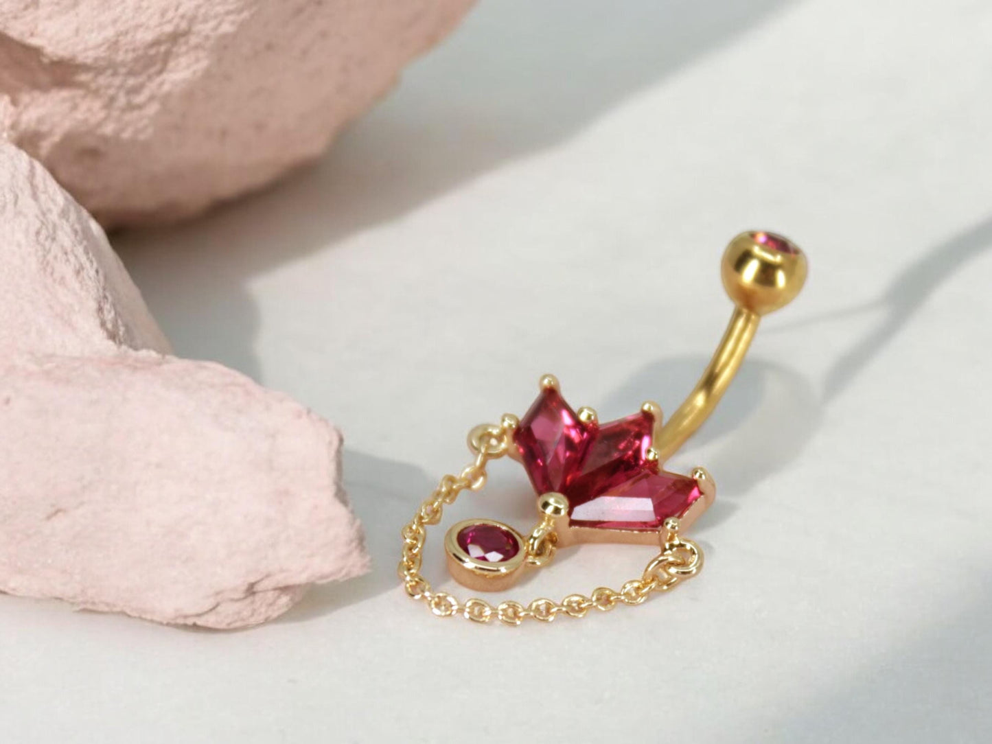 14g Dangling Gold Chain Belly Ring, Pink Marquise Gem Petal Decor Charm Belly Button Piercing Jewelry, Gold Dangling Navel Piercing Jewelry