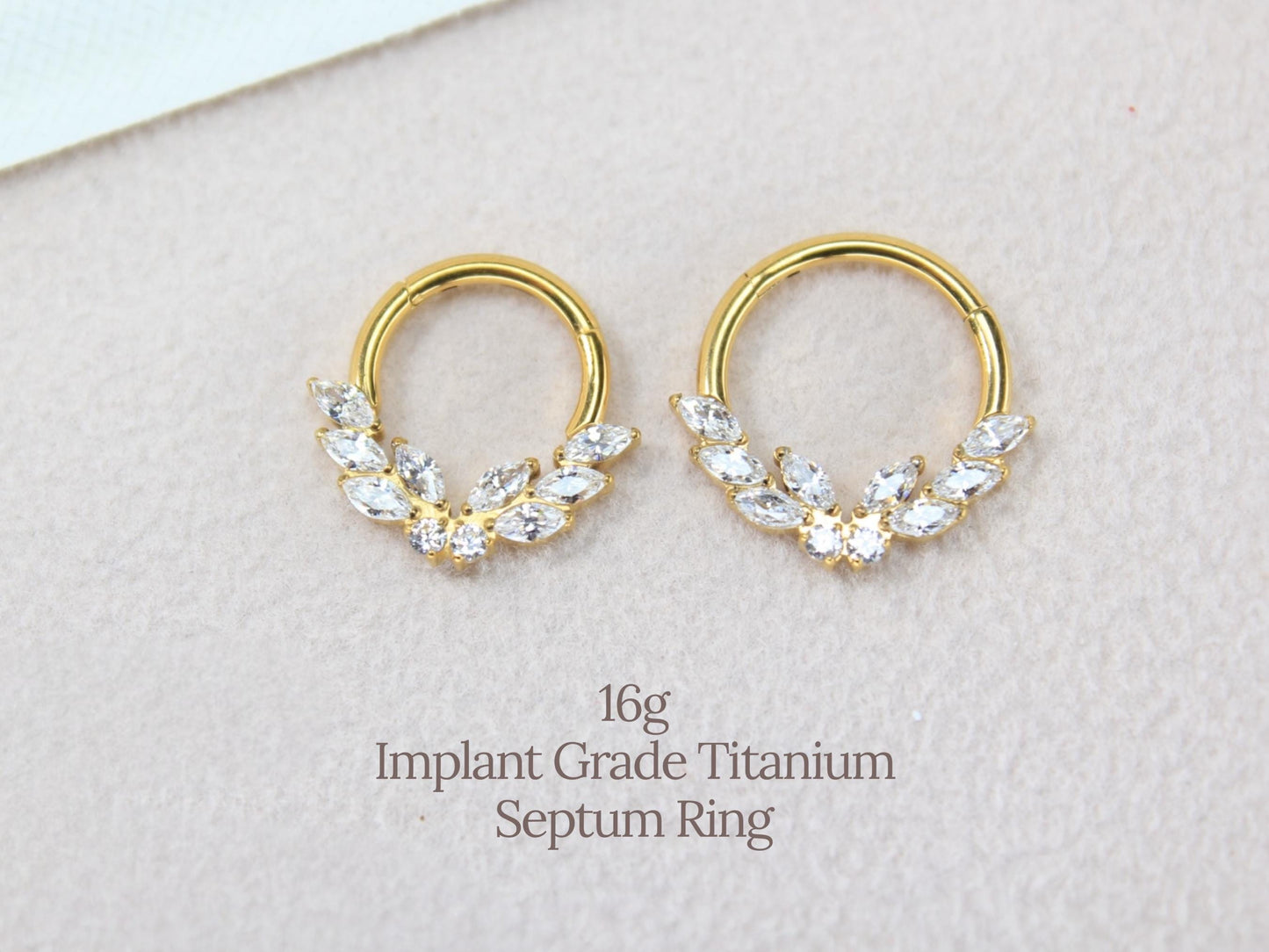 16g Titanium Septum Ring, Implant Grade Titanium Gold Marquise Septum Hoop Clicker Ring, Hypoallergenic Body Jewelry