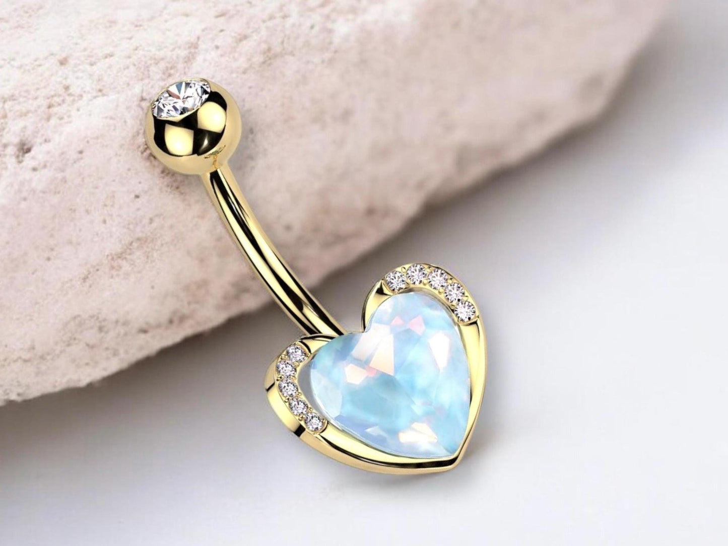 14G Gold Aqua CZ Heart Belly Button Ring – Paved Navel Jewelry