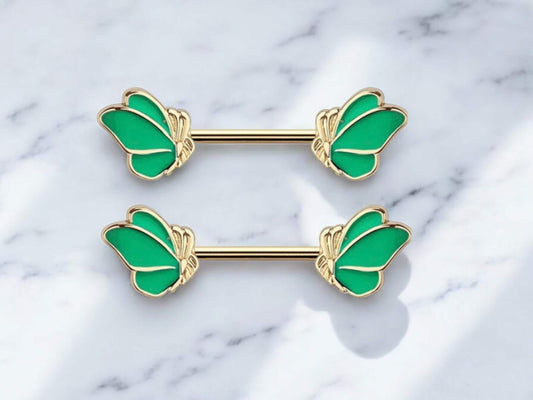14G Butterfly Nipple Ring, Green Enamel Decor Nipple Piercing Jewelry, Nipple Barbell Body Piercing Jewelry, Personalized Body Jewelry