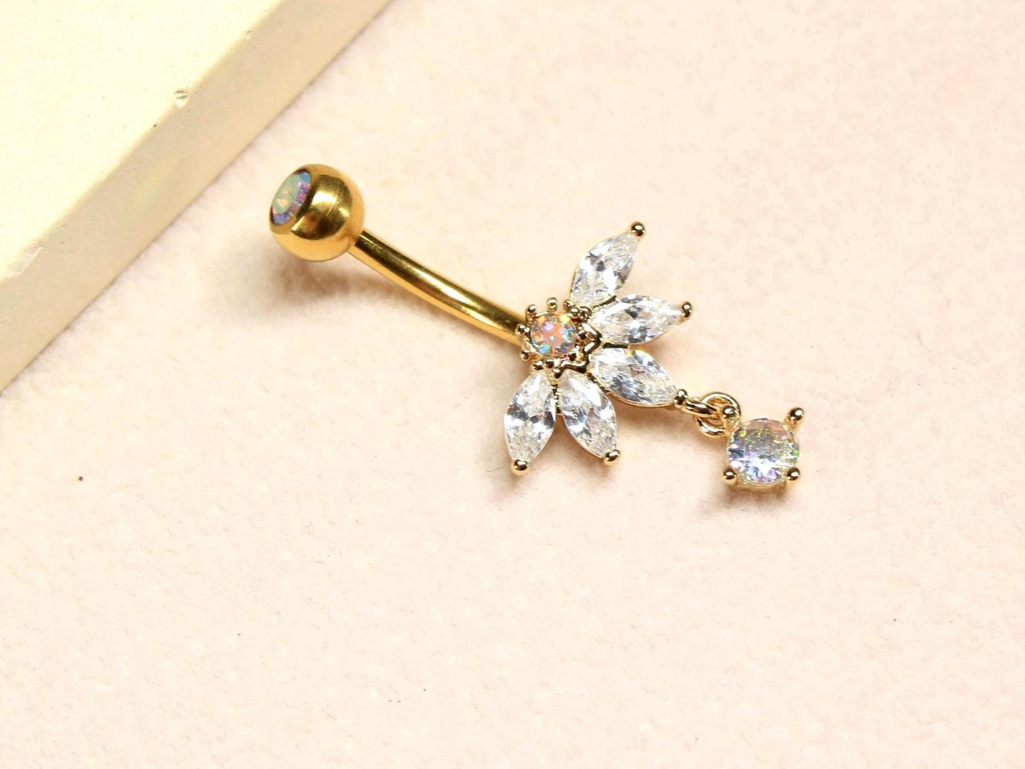 Gold Dangling Belly Button Ring, 14G Petal Leaf Decor Marquise Gemstone Belly Ring Piercing Jewelry, Gold Navel Piercing,Dainty Body Jewelry