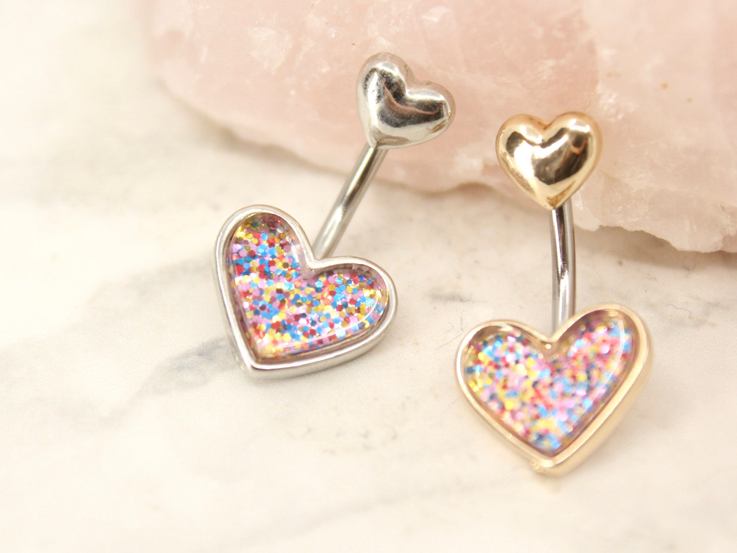 NEW • 14G Glitter Heart Belly Button Ring. Silver/Gold Resin Heart Navel Ring. Cute Belly Jewelry. Navel Piercing.