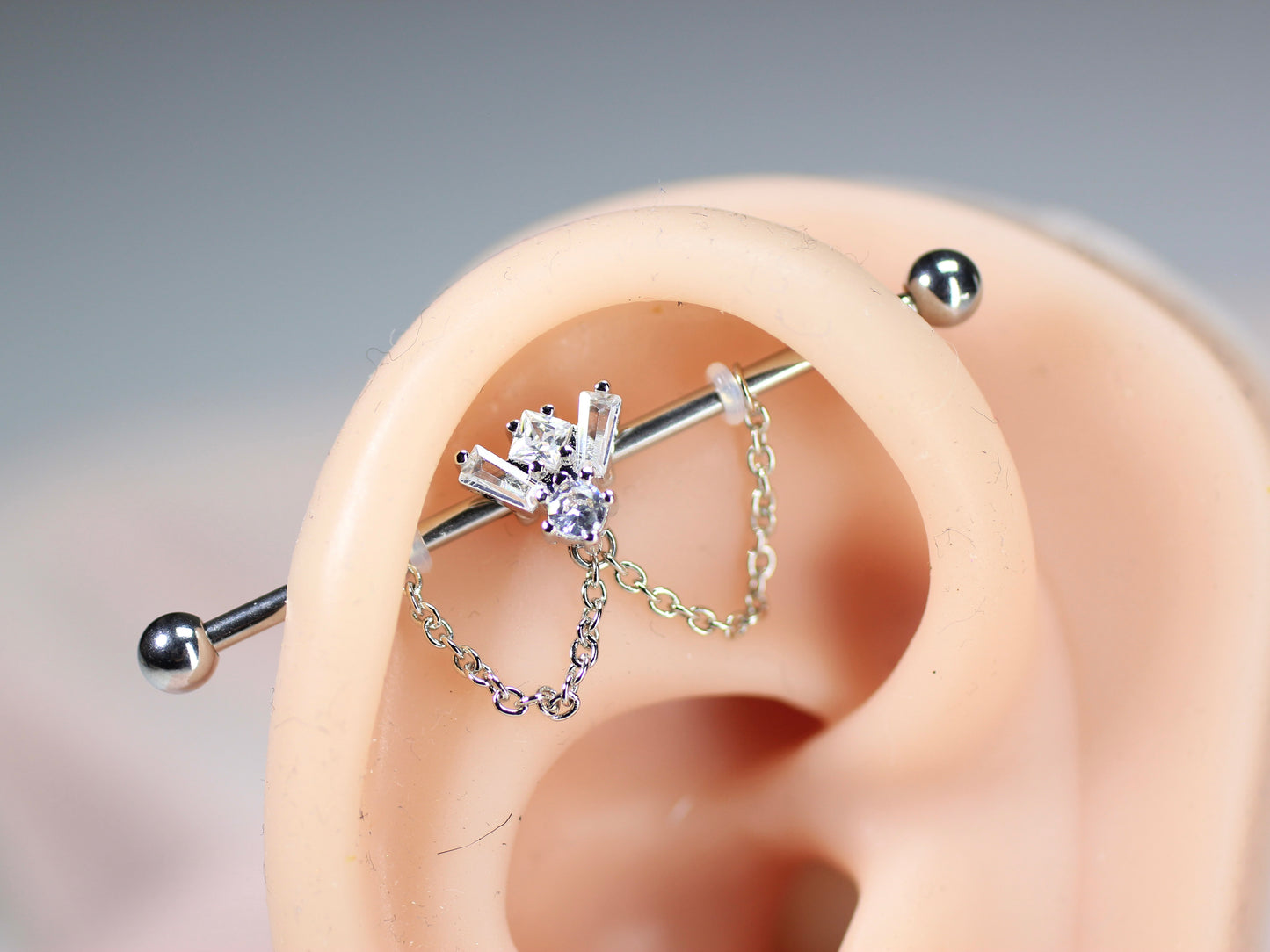 14G Silver Gem Industrial Barbell with Dainty Chain – 38mm Sparkling Gold Industrial Piercing